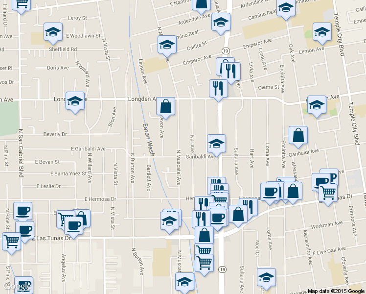 map of restaurants, bars, coffee shops, grocery stores, and more near 6122 North Muscatel Avenue in San Gabriel