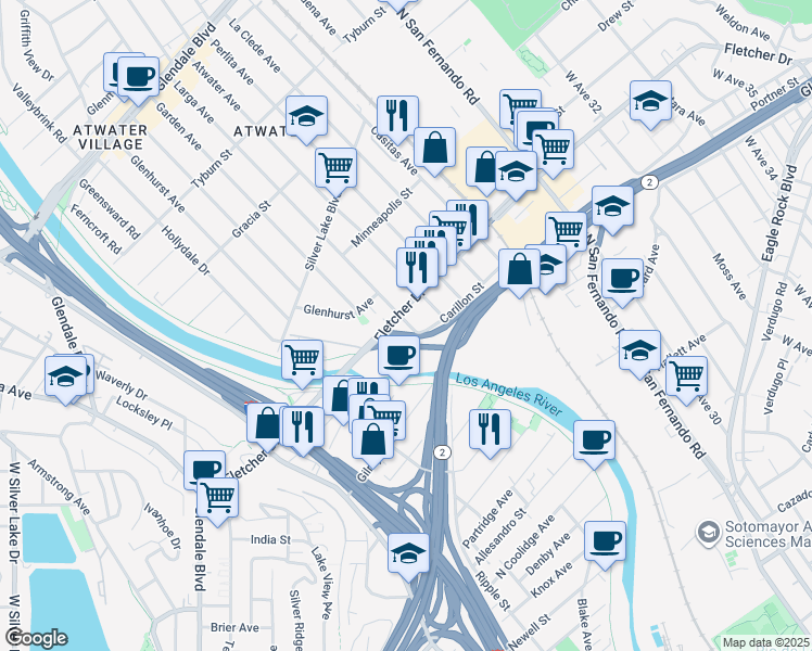 map of restaurants, bars, coffee shops, grocery stores, and more near 3044 Larga Avenue in Los Angeles