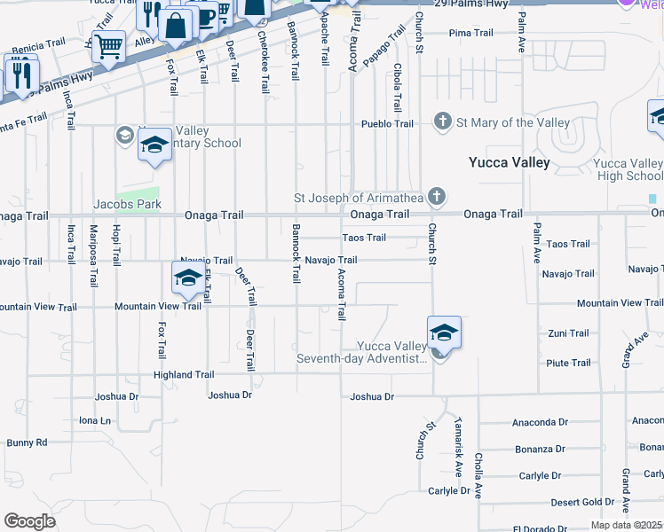 map of restaurants, bars, coffee shops, grocery stores, and more near 56079 Navajo Trail in Yucca Valley