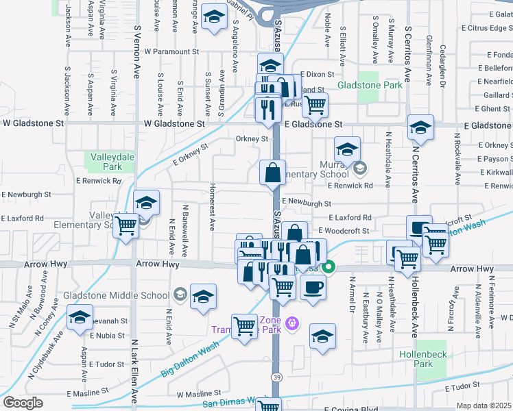 map of restaurants, bars, coffee shops, grocery stores, and more near 713 South Azusa Avenue in Azusa
