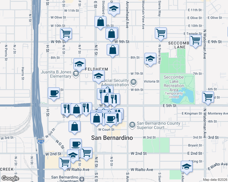 map of restaurants, bars, coffee shops, grocery stores, and more near 591 North D Street in San Bernardino