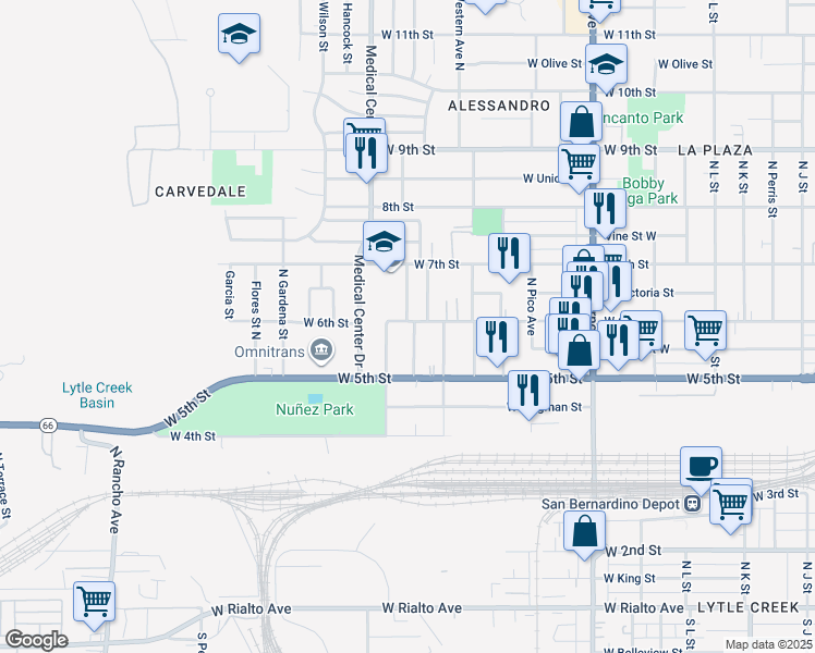 map of restaurants, bars, coffee shops, grocery stores, and more near 596 Ramona Avenue in San Bernardino