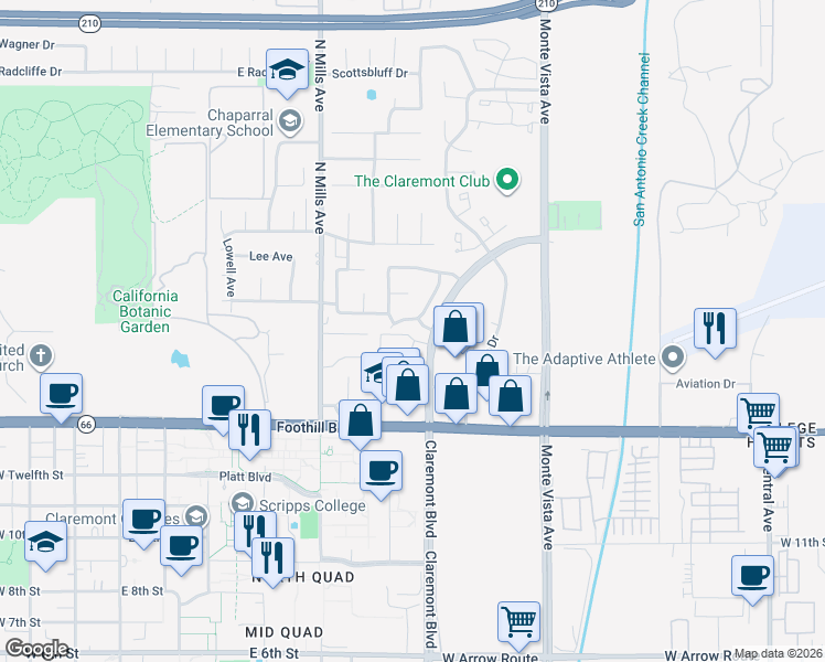 map of restaurants, bars, coffee shops, grocery stores, and more near 1434 Morton Circle in Claremont