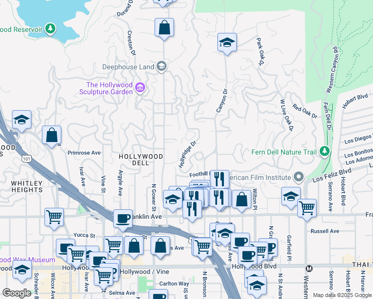 map of restaurants, bars, coffee shops, grocery stores, and more near 2174 Beachwood Terrace in Los Angeles