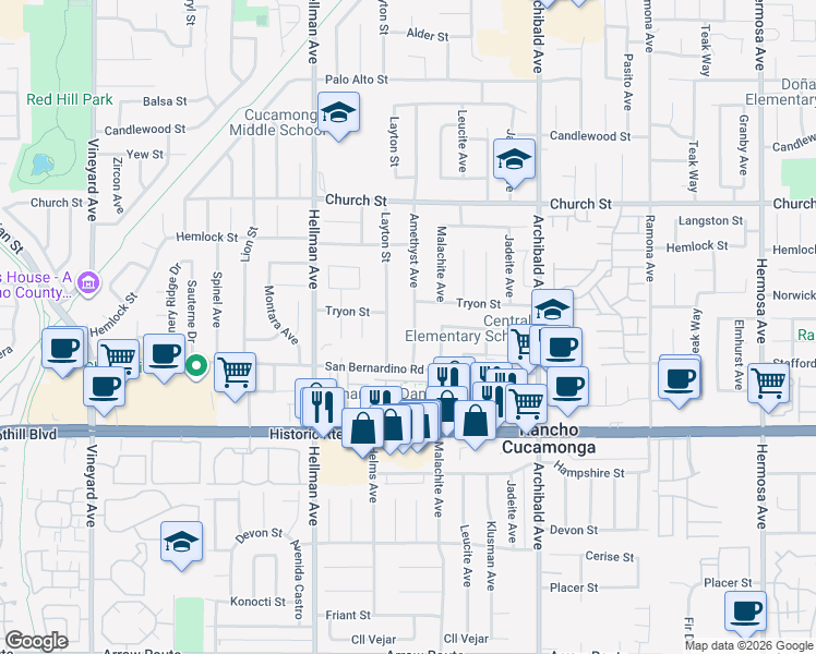 map of restaurants, bars, coffee shops, grocery stores, and more near 7920 Amethyst Avenue in Rancho Cucamonga