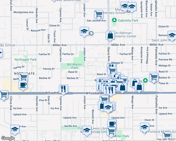 map of restaurants, bars, coffee shops, grocery stores, and more near 16726 Reed Street in Fontana