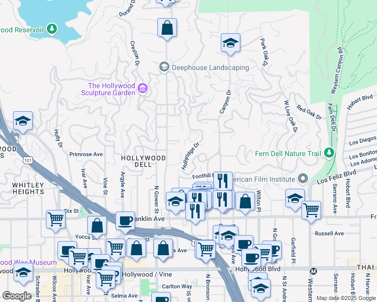 map of restaurants, bars, coffee shops, grocery stores, and more near 2309 Hollyridge Drive in Los Angeles