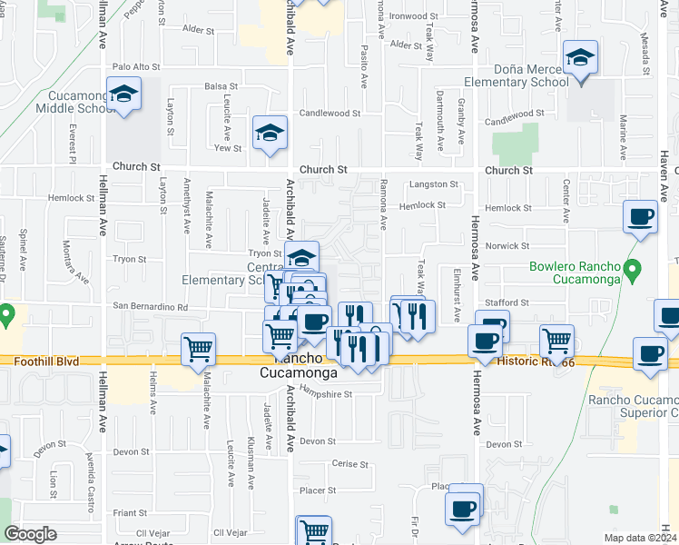 map of restaurants, bars, coffee shops, grocery stores, and more near 9802 Bianca Court in Rancho Cucamonga