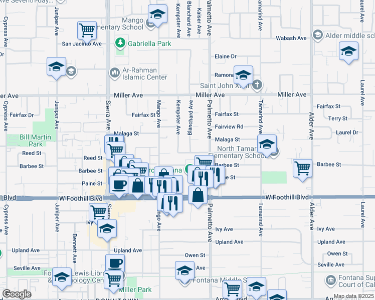 map of restaurants, bars, coffee shops, grocery stores, and more near 17210 Reed Street in Fontana