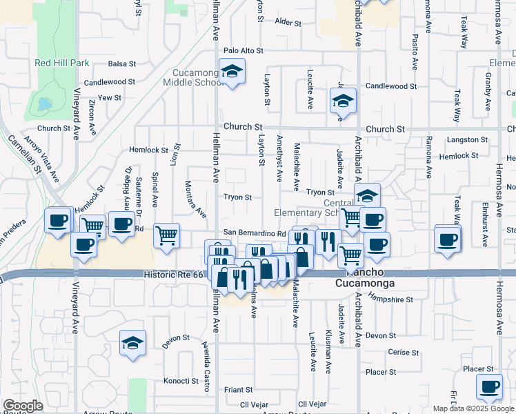 map of restaurants, bars, coffee shops, grocery stores, and more near 7930 Layton Street in Rancho Cucamonga