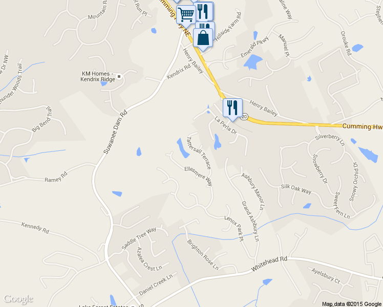 map of restaurants, bars, coffee shops, grocery stores, and more near 5734 Tattersall Terrace in Sugar Hill