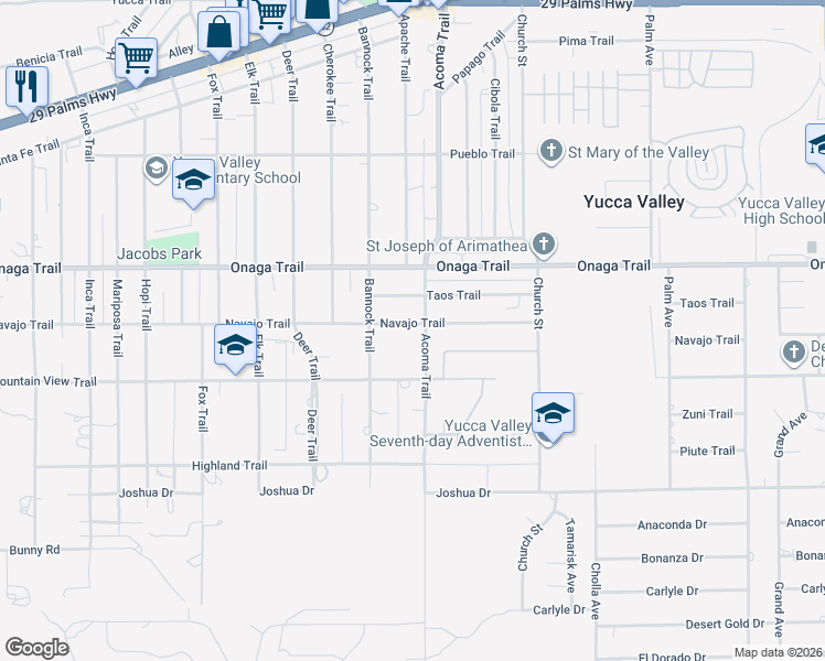 map of restaurants, bars, coffee shops, grocery stores, and more near 56079 Navajo Trail in Yucca Valley
