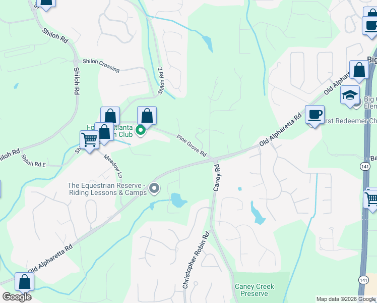 map of restaurants, bars, coffee shops, grocery stores, and more near 2537 Pine Grove Road in Cumming
