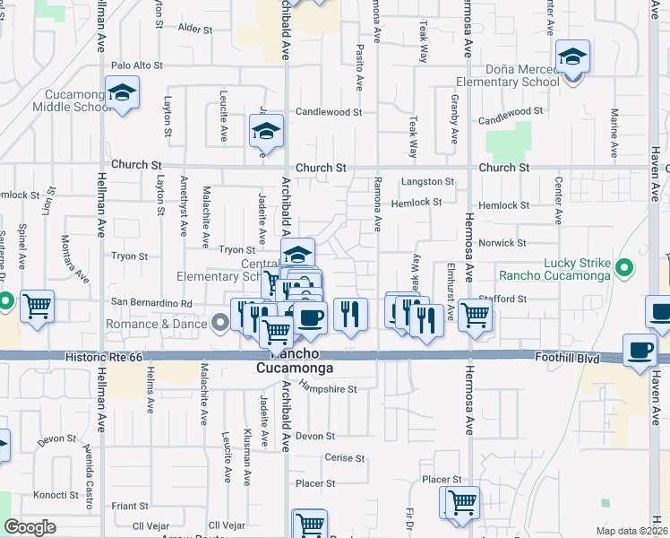 map of restaurants, bars, coffee shops, grocery stores, and more near 9802 Bianca Court in Rancho Cucamonga
