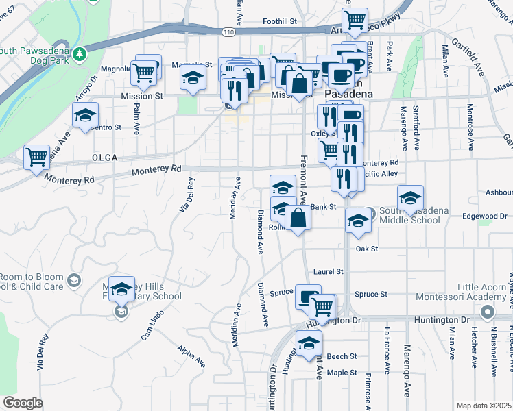 map of restaurants, bars, coffee shops, grocery stores, and more near 1327 Diamond Avenue in South Pasadena