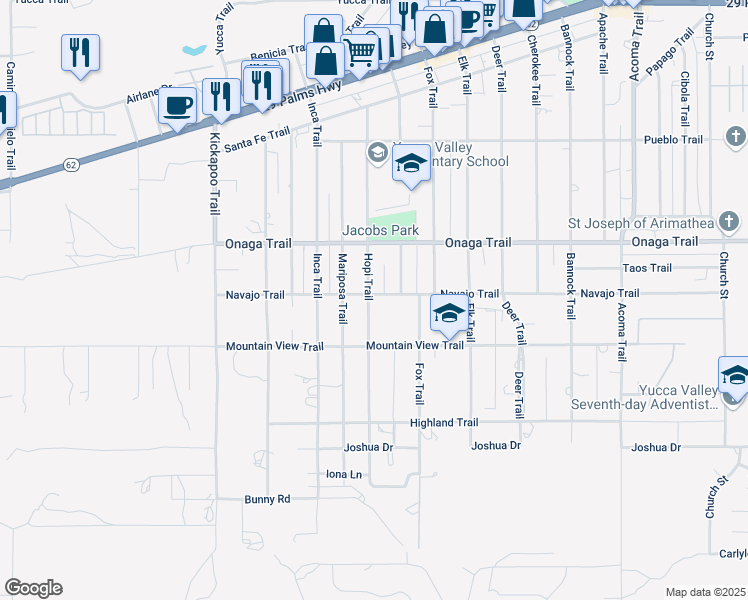 map of restaurants, bars, coffee shops, grocery stores, and more near 55609 Navajo Trail in Yucca Valley