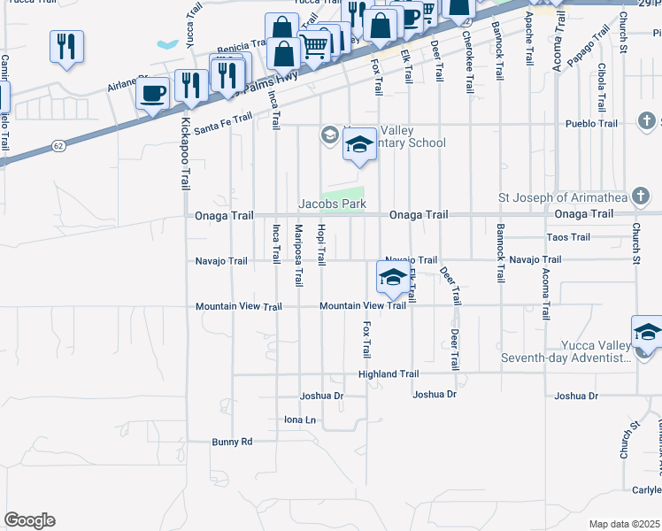 map of restaurants, bars, coffee shops, grocery stores, and more near 55621 Navajo Trail in Yucca Valley