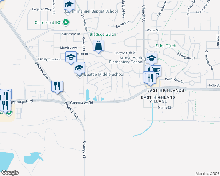 map of restaurants, bars, coffee shops, grocery stores, and more near 28675 Winthrop Way in Highland