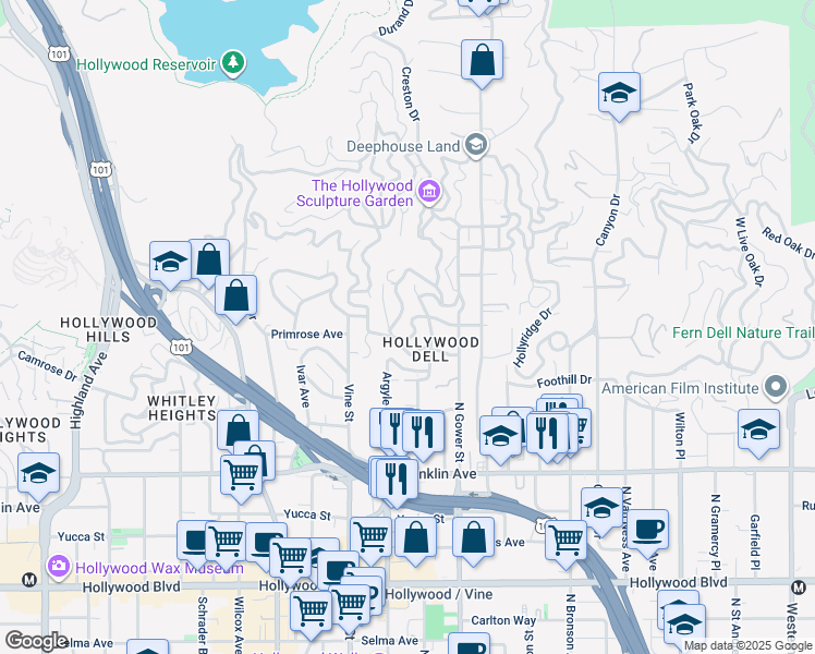 map of restaurants, bars, coffee shops, grocery stores, and more near 6221 Scenic Avenue in Los Angeles