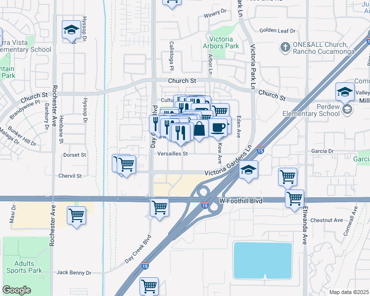 map of restaurants, bars, coffee shops, grocery stores, and more near 7893 Monet Avenue in Rancho Cucamonga