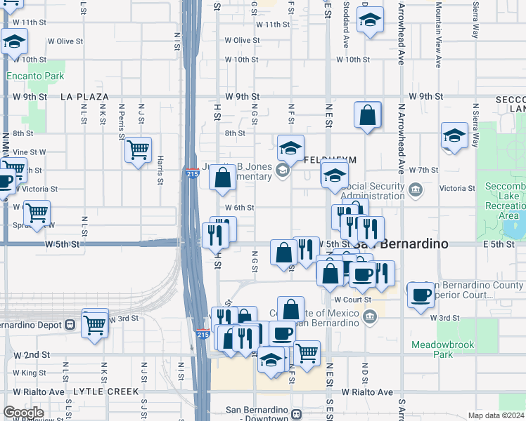 map of restaurants, bars, coffee shops, grocery stores, and more near 201 West 6th Street in San Bernardino