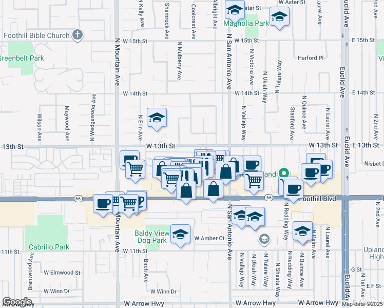 map of restaurants, bars, coffee shops, grocery stores, and more near 939 West Pine Street in Upland