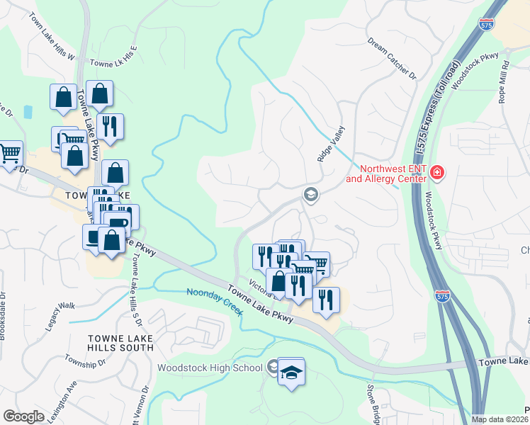 map of restaurants, bars, coffee shops, grocery stores, and more near 101 Deer Valley Lane in Woodstock