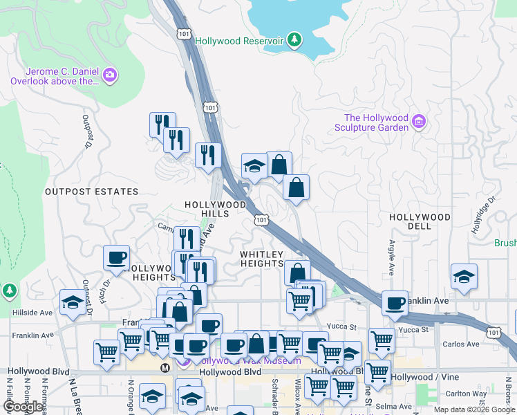 map of restaurants, bars, coffee shops, grocery stores, and more near 6820 Whitley Terrace in Los Angeles