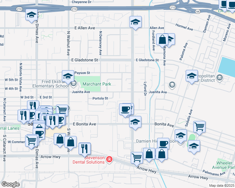 map of restaurants, bars, coffee shops, grocery stores, and more near 600 East Juanita Avenue in San Dimas