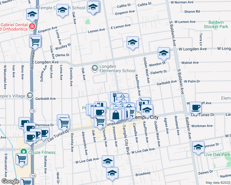 map of restaurants, bars, coffee shops, grocery stores, and more near 6057 Temple City Boulevard in Temple City