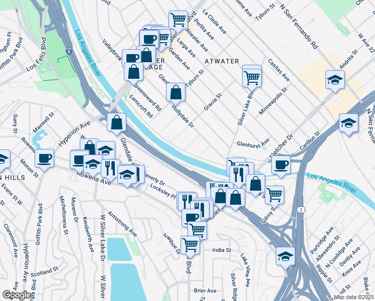 map of restaurants, bars, coffee shops, grocery stores, and more near 2901 Acresite Street in Los Angeles