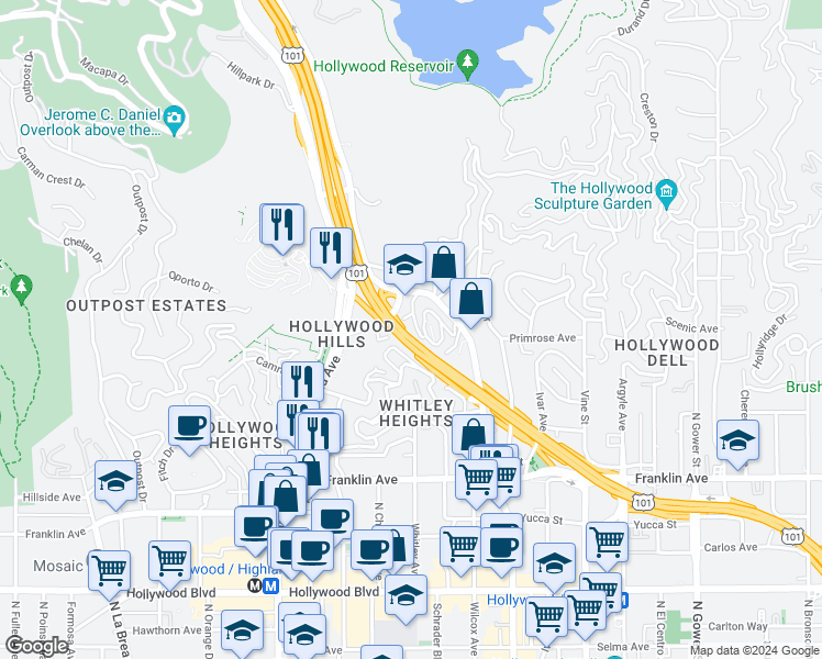 map of restaurants, bars, coffee shops, grocery stores, and more near 6820 Whitley Terrace in Los Angeles