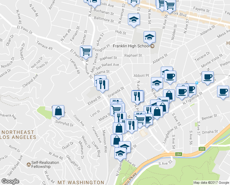 map of restaurants, bars, coffee shops, grocery stores, and more near N Ave 51 & Granada St in Los Angeles