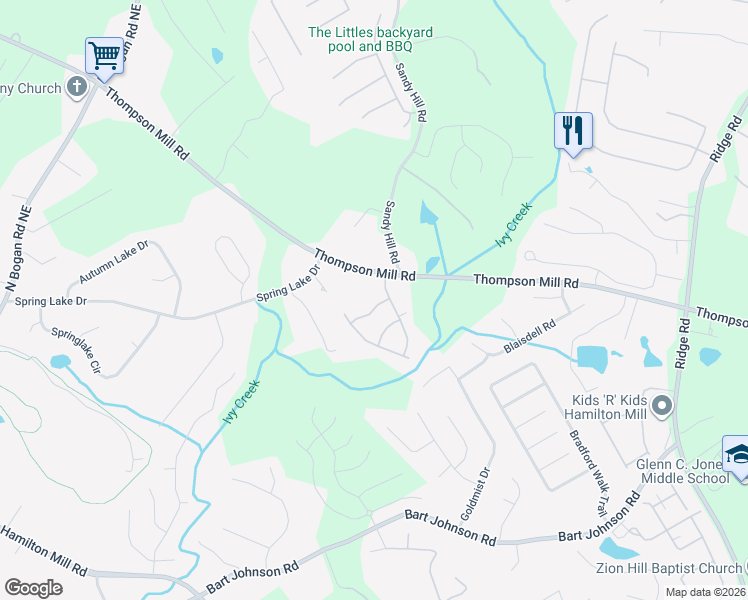 map of restaurants, bars, coffee shops, grocery stores, and more near 3192 Jocassee Drive in Buford