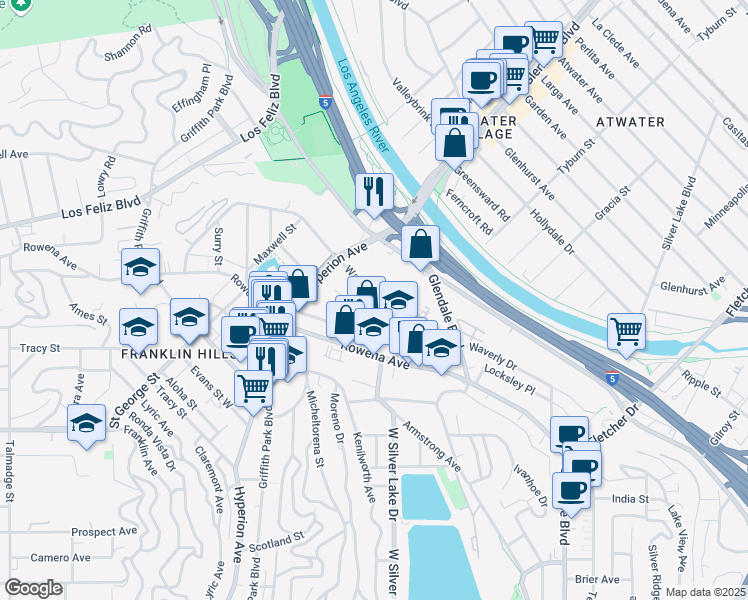 map of restaurants, bars, coffee shops, grocery stores, and more near 2970 Waverly Drive in Los Angeles