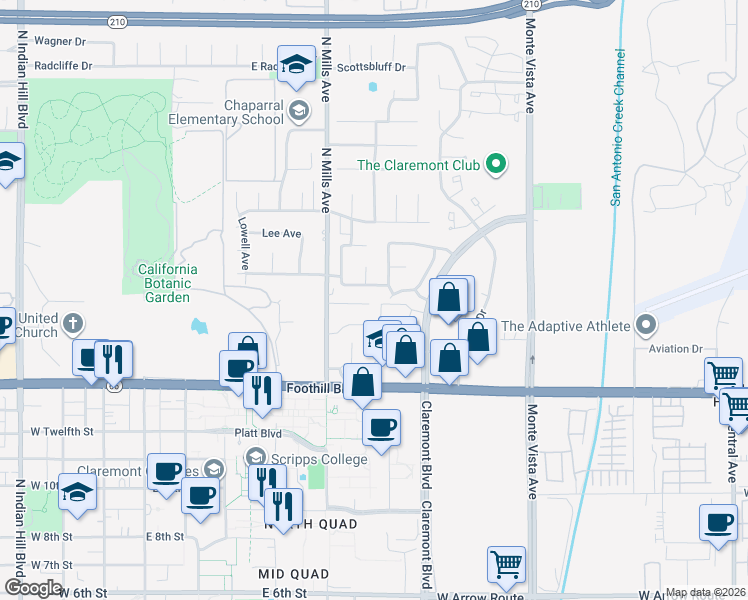 map of restaurants, bars, coffee shops, grocery stores, and more near 583 Wesley Way in Claremont