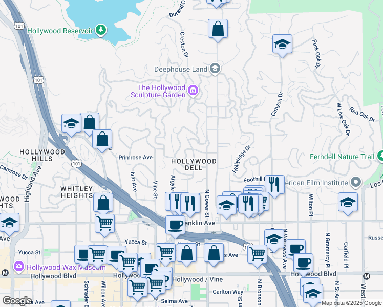 map of restaurants, bars, coffee shops, grocery stores, and more near 2175 Vista Del Mar Avenue in Los Angeles