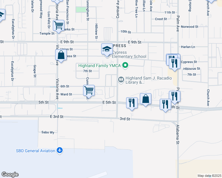 map of restaurants, bars, coffee shops, grocery stores, and more near 7917 Midhurst Drive in Highland