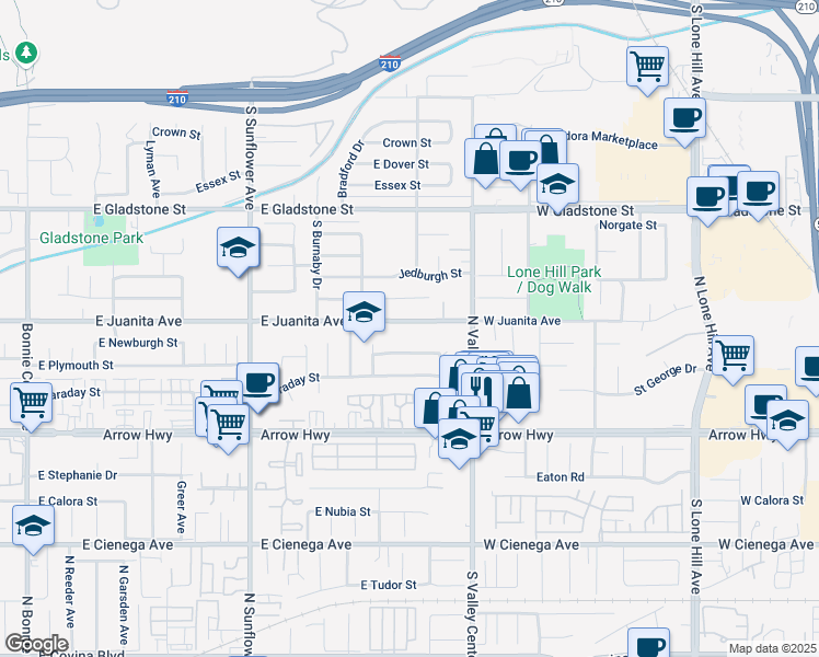 map of restaurants, bars, coffee shops, grocery stores, and more near 1156 East Juanita Avenue in Glendora