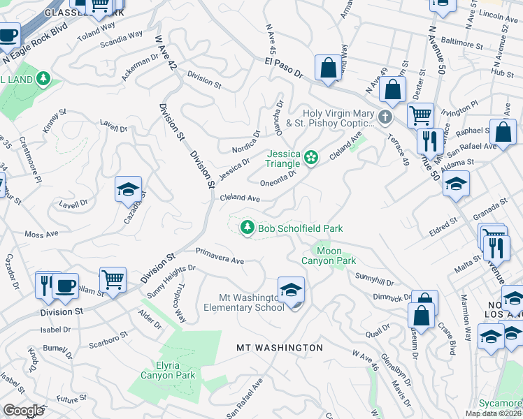 map of restaurants, bars, coffee shops, grocery stores, and more near 4465 San Andreas Avenue in Los Angeles