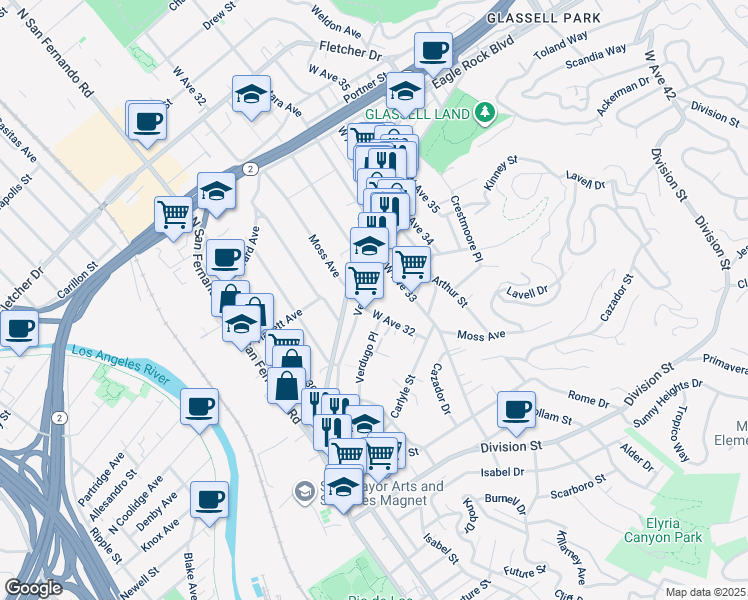 map of restaurants, bars, coffee shops, grocery stores, and more near 3210 Verdugo Road in Los Angeles