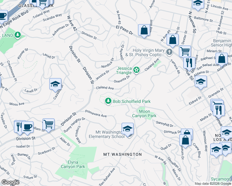map of restaurants, bars, coffee shops, grocery stores, and more near 4465 San Andreas Avenue in Los Angeles