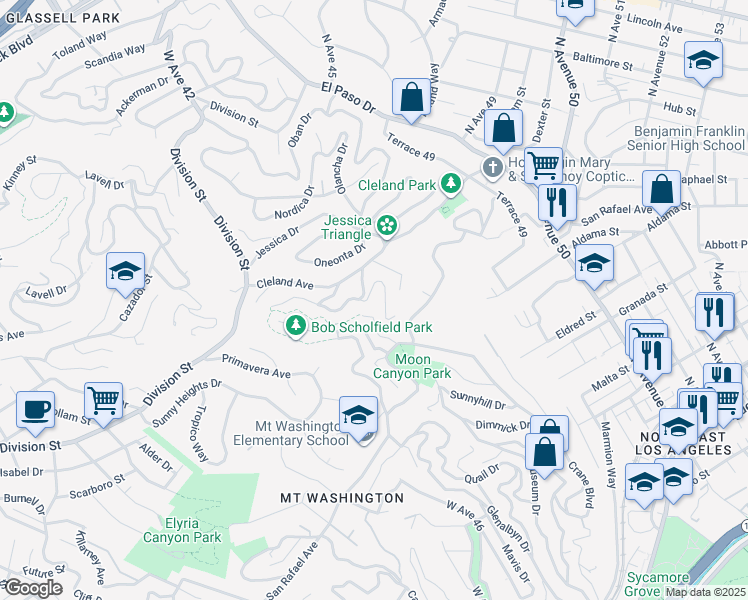 map of restaurants, bars, coffee shops, grocery stores, and more near 4614 San Andreas Avenue in Los Angeles