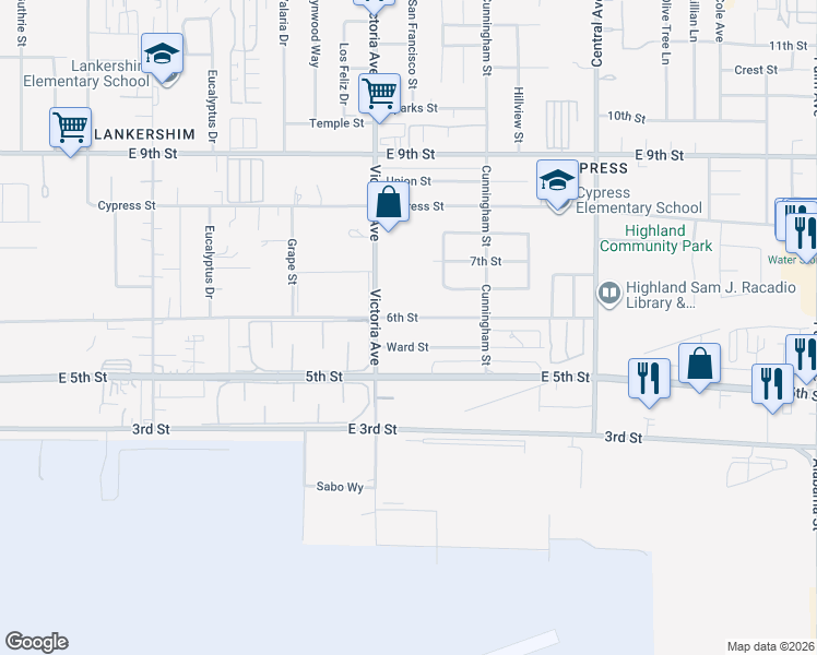 map of restaurants, bars, coffee shops, grocery stores, and more near 26537 6th Street in Highland
