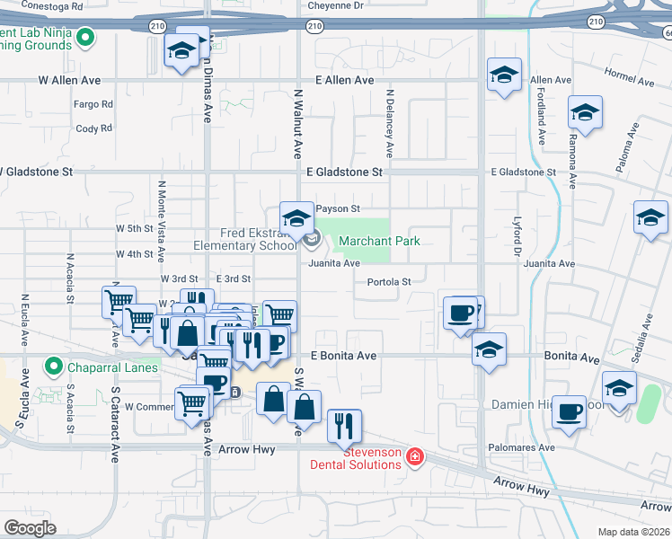map of restaurants, bars, coffee shops, grocery stores, and more near 346 Juanita Avenue in San Dimas
