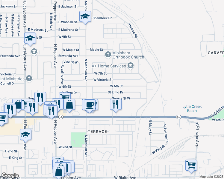 map of restaurants, bars, coffee shops, grocery stores, and more near 588 North Dallas Avenue in San Bernardino