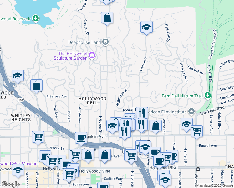 map of restaurants, bars, coffee shops, grocery stores, and more near 2174 Beachwood Terrace in Los Angeles