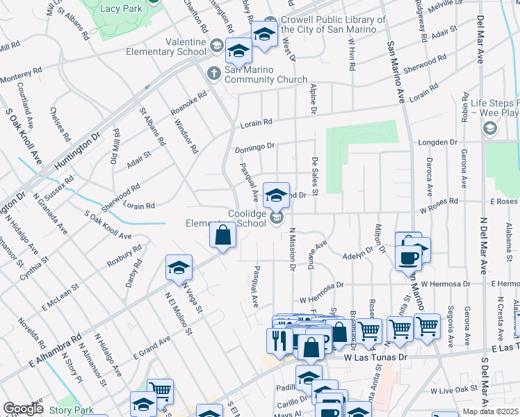 map of restaurants, bars, coffee shops, grocery stores, and more near 512 Pasqual Avenue in San Gabriel