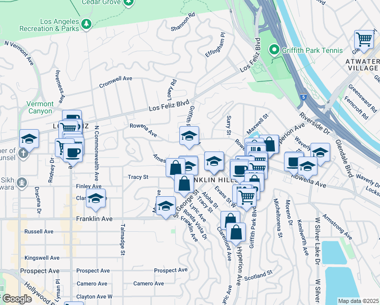 map of restaurants, bars, coffee shops, grocery stores, and more near 3939 Tracy Street in Los Angeles