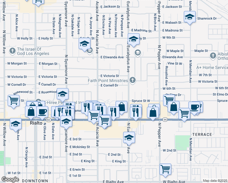 map of restaurants, bars, coffee shops, grocery stores, and more near 550 North Primrose Avenue in Rialto